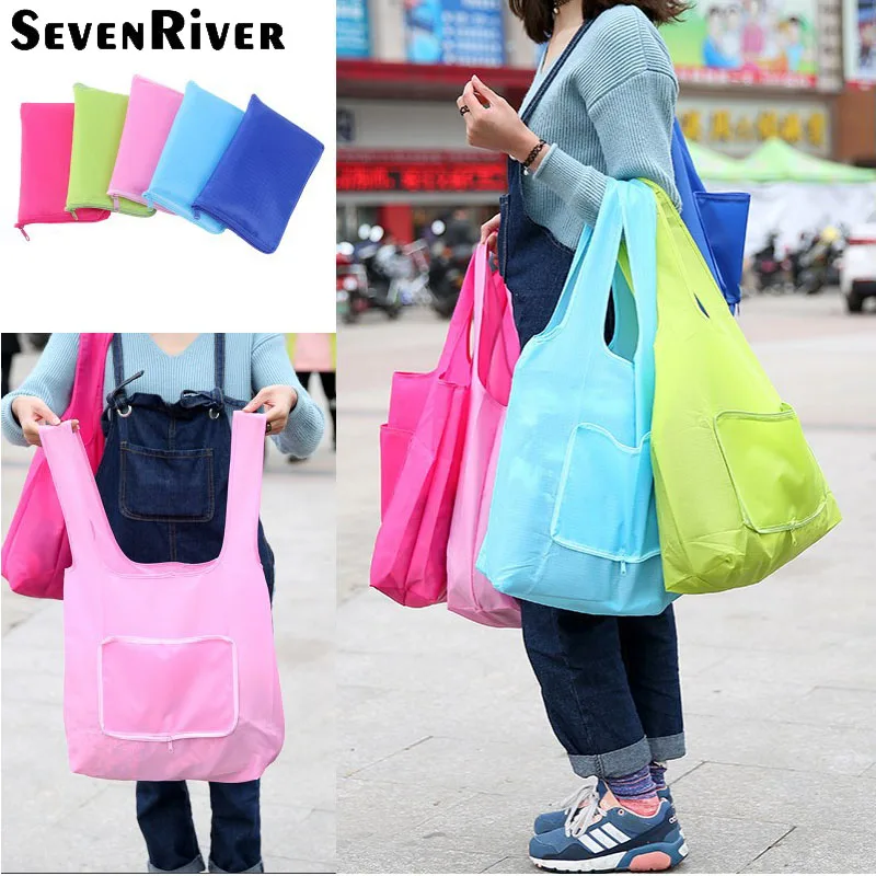 

Portable Folding Reusable Shopping Bags Foldable Casual Tote Shoulder Handbags For Supermarket Solid Color Environmental