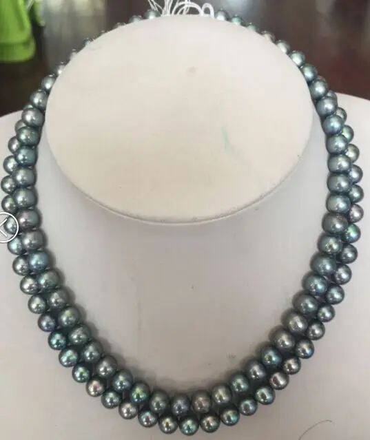 2 rows9-10MM Круглый Павлин зеленый жемчуг necklace1" 18"