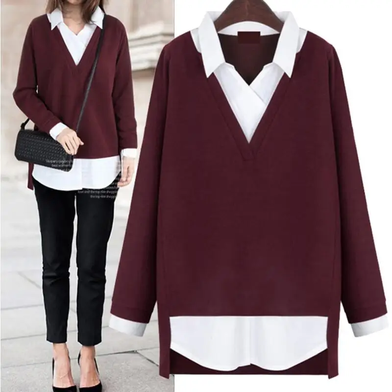 En Ligne Blusas Mujer Nouveau 2018 Automne Hiver Femmes Blosues Lâche Faux deux Pièces Tricoté Chemise Femmes Tops Casual Blusas Plus La Taille XL 5XL