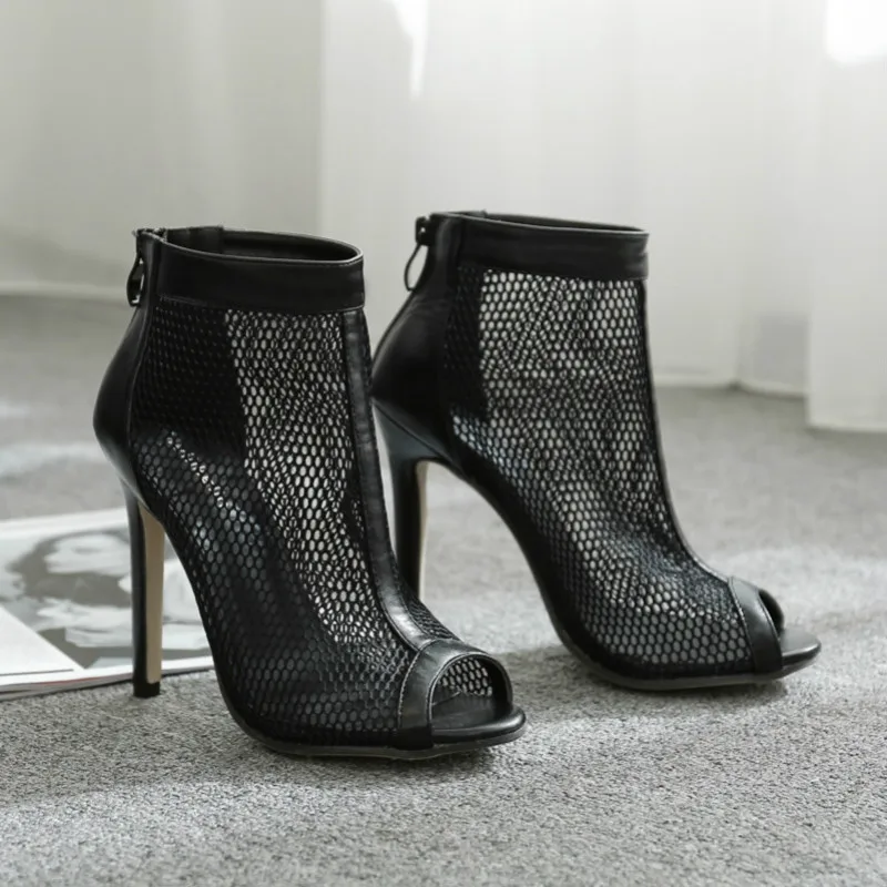 JINJOE woman shoes Thin heels pumps Rome mesh shoes Gladiator Sexy shoes fashion Zipper shoes