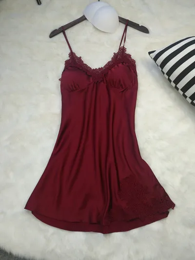 wine red Fdfklak сексуальная одежда для сна летняя новая кружевная ночная рубашка на тонких бретельках платье для сна женское платье из искусственного шелка Ночная одежда Q1154 - Цвет: wine red