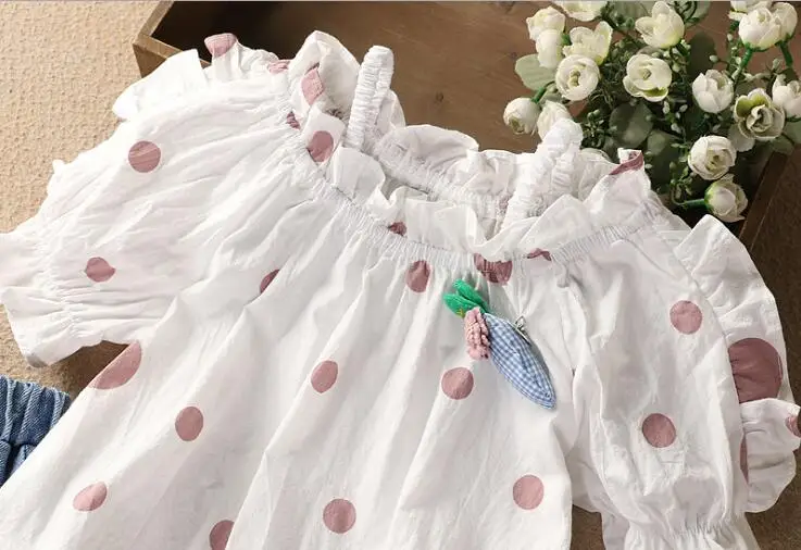 Новинка 2019 года, модные летние комплекты для маленьких девочек, блуза в горошек + джинсы, 5 комплектов/партия, детская одежда, оптовая