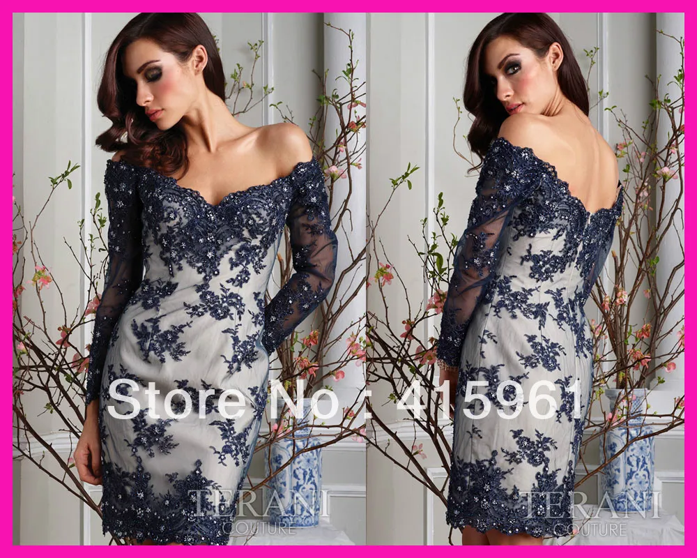 

Hot Sell Navy Blue Sexy Off the Shoulder Lace Short Cocktail Evening Dress With Long Sleeves E5360