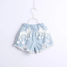 Джинсовые шорты с кисточками для маленьких девочек, партия одежды для детей, летние популярные штаны для девочек шорты с дырками для малышей