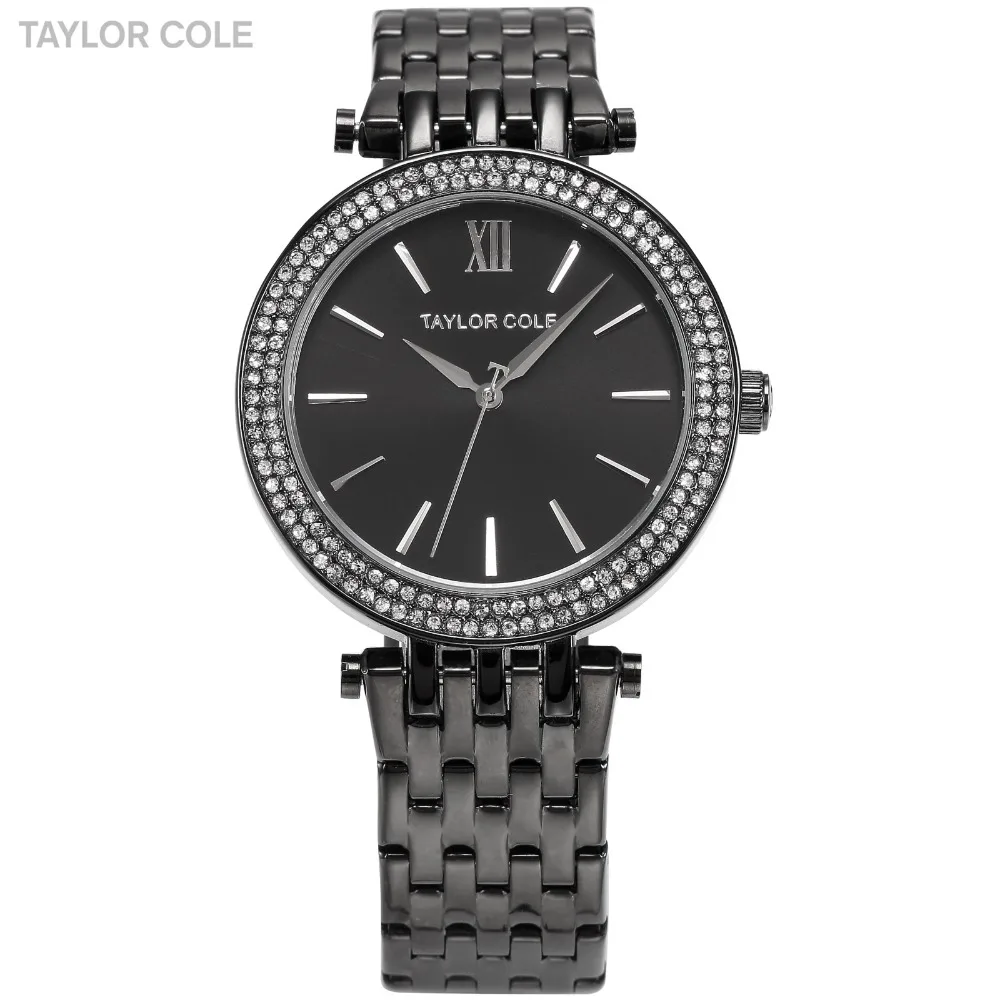 Kopen Aglaia TAYLOR COLE Zegarek Damski Strass Crystal Case Zwart Rvs Band Vrouwen Quartz Jurk Horloges Relogio TC004