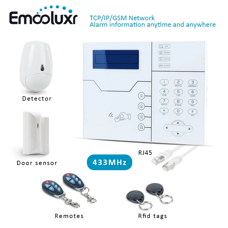 Meilleur Android IOS APP Contrôle 433 MHz TCP IP (RJ45 port) WEB IE GSM SMS de Sécurité Alarma Casas, écran tactile RFID Systèmes D alarme ST VGT
