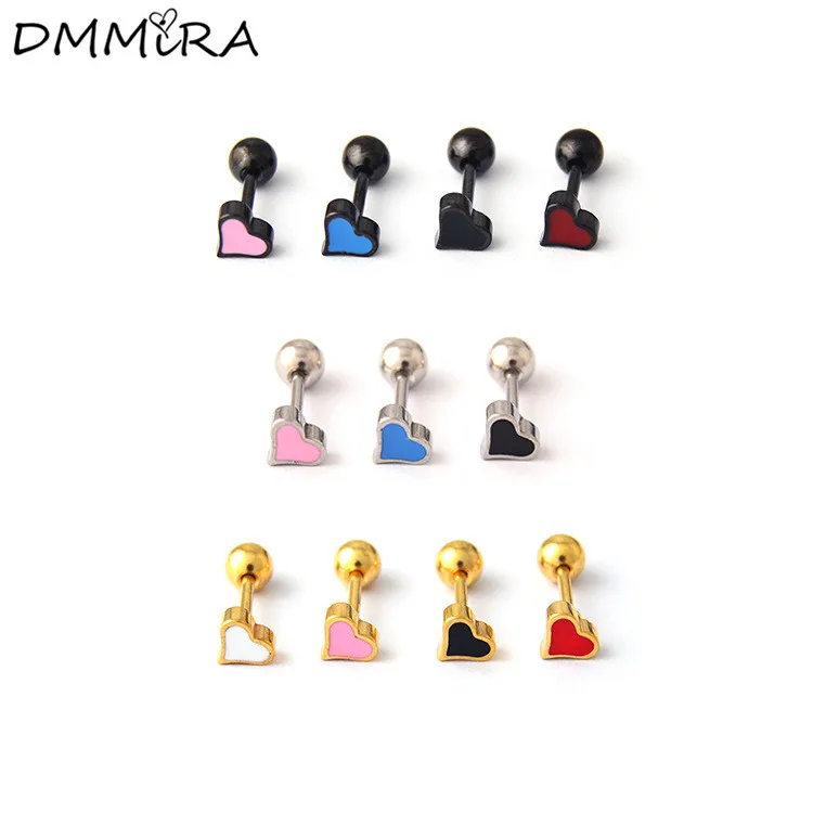 Модные женские серьги-гвоздики из нержавеющей стали с сердечком, серебристым, золотым, черным, розовым, красным и капельным маслом, пирсинг с бриллиантами