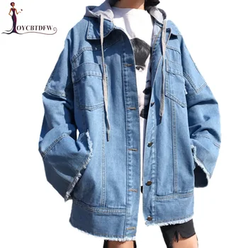 

Spring Women Denim Jacket 2018 Casual Fashion Loose Splice Hooded Female Coat Autumn Single Breasted Large size Coat FASHION257