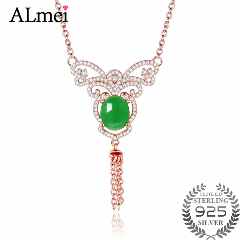 

Almei 2ct Green Chalcedony Necklace Butterfly Pendant Necklaces Tassel Rose Gold Color 925 Sterling Silver Jewelry Box 40% FN045