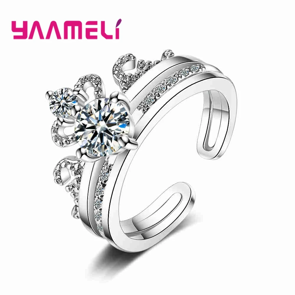 YAAMELI роскошные короны Форма дизайн открытие кольцо Ясно Цирконий 925 пробы серебро открытым пальцем кольца для Для женщин свадебные