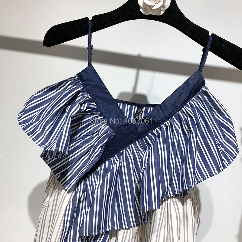 Для женщин контраст Цвет лоскутное полосатый Спагетти ремень Slim-fit рюшами Топ-дамы Sexy v-образным вырезом с открытыми плечами майка