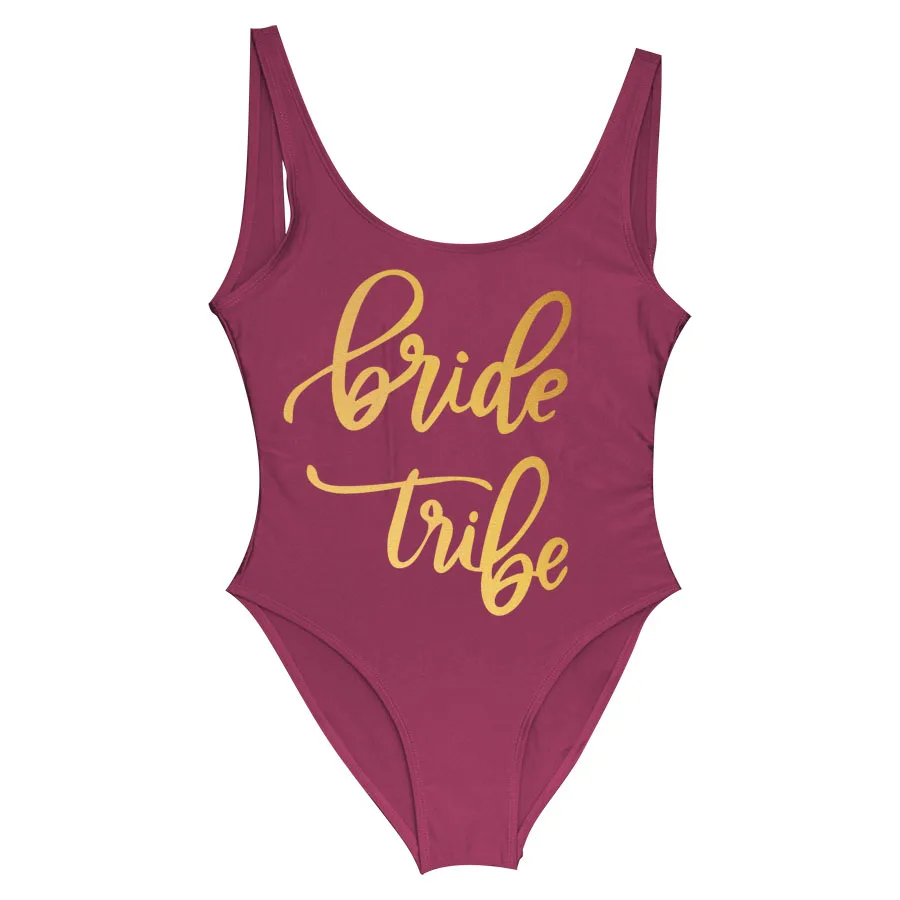 Bride Squad Dark Red Свадебные вечерние Одна деталь купальника надпись «Bride Tribe» спереди и сзади и принт ванный комплект боди Купальники Maillot De Bain - Цвет: Bride Squad Dark Red