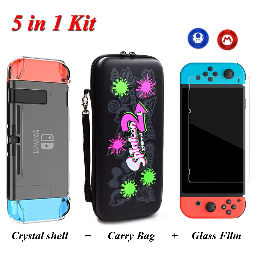 5 in 1 Kit 2 Аксессуары для Switch, дорожная сумка для переноски и пленка из закаленного стекла и жесткий чехол с кристаллами и 2 аналоговые колпачки для nintendo Switch NS - Цвет: 5 in 1 Kit 2