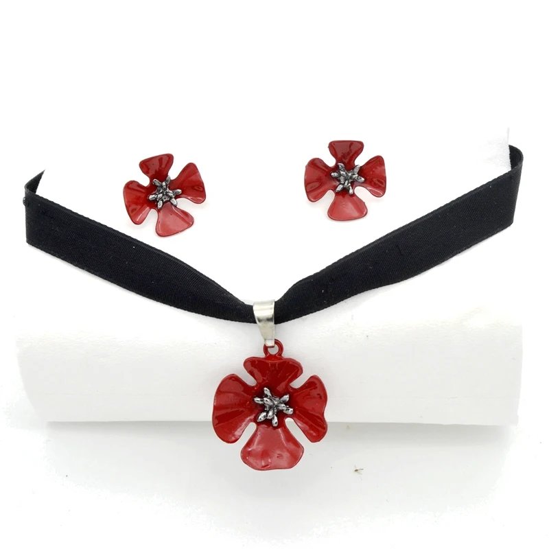 

2017 New Design Velvet Belt Choker Necklace with Red Poppy Flower Pendant Necklace and Earrings Jewelry Sets