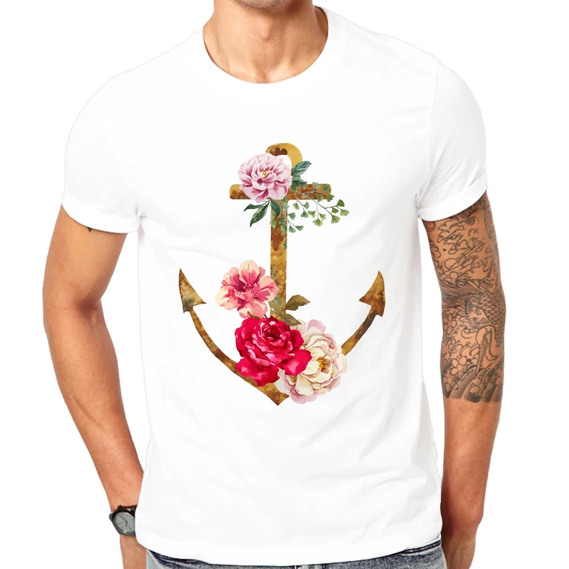 

High quality custom t-shirt Summer T shirt Men Tops Tees Short Sleeve Flower Anchor Print tshirt Funny T-shirt men Clothes