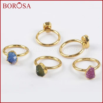

BOROSA 10Pcs New Mixed Colors Gold Color Freeform Rainbow Druzy Rings for Women, Fashion Drusy Gems Jewelry Party Rings G1450