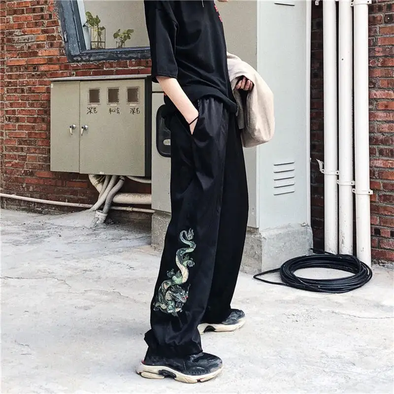 black pants Neploe винтажные осенние Широкие штаны в китайском стиле с вышивкой дракона, брюки для мужчин и женщин, крутые штаны Harajuku, одежда 37292 - Цвет: black pants