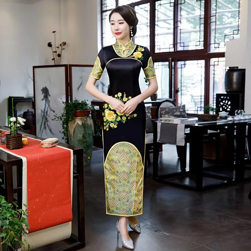 Black Plus Size S-4XL Long Cheongsam Vintage Chinese style Dress Fashion Womens Rayon Qipao Slim Party Dresses Button Vestido - Цвет: Черный