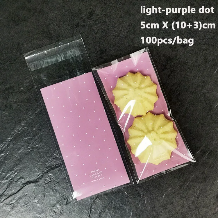 100 шт./партия, 5x10+ 3 см, косметичка для печенья, сумка на молнии, самоклеющаяся сумка, праздничная Свадебная подарочная сумка - Цвет: light purple dot