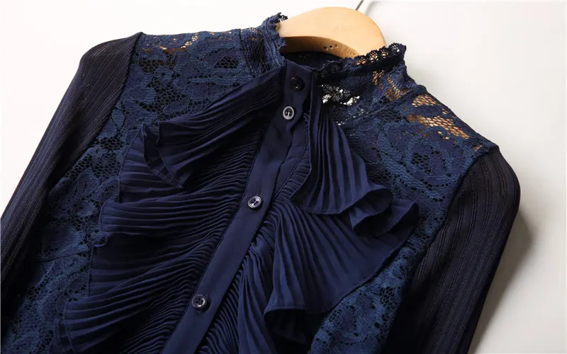 MissFoFo Осенняя Новая модная блуза Королевский лотос кружевной воротник шифоновая рубашка женская с длинным рукавом весенняя рубашка синяя Размер S-2XL