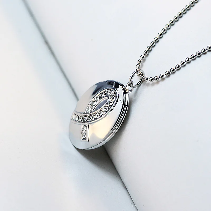 

PBR190, Silver/Gold Oval Floating Locket Photo Frame Pendent Breast Cancer Awareness Enamel Pink Crystal Ribbon Chain Necklace