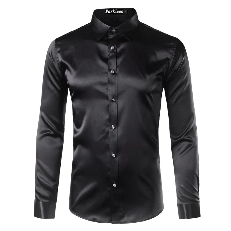 Шелковый атлас рубашка Для мужчин Chemise Homme Повседневное Для мужчин с длинным рукавом Slim Fit эмуляции шелковое платье Camisa социальной Masculina