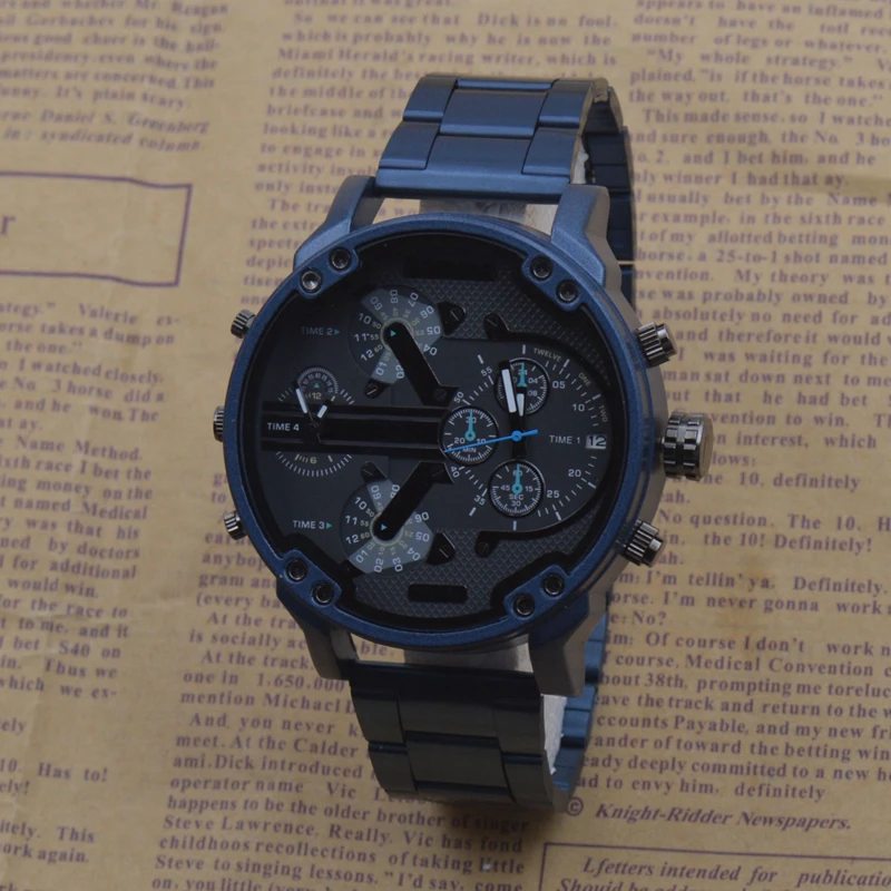 Мужские кварцевые наручные часы, многофункциональные, с двумя часовыми поясами, Автоматическая Дата, синий стальной ремешок, сапфировое стекло, силикагель, часы