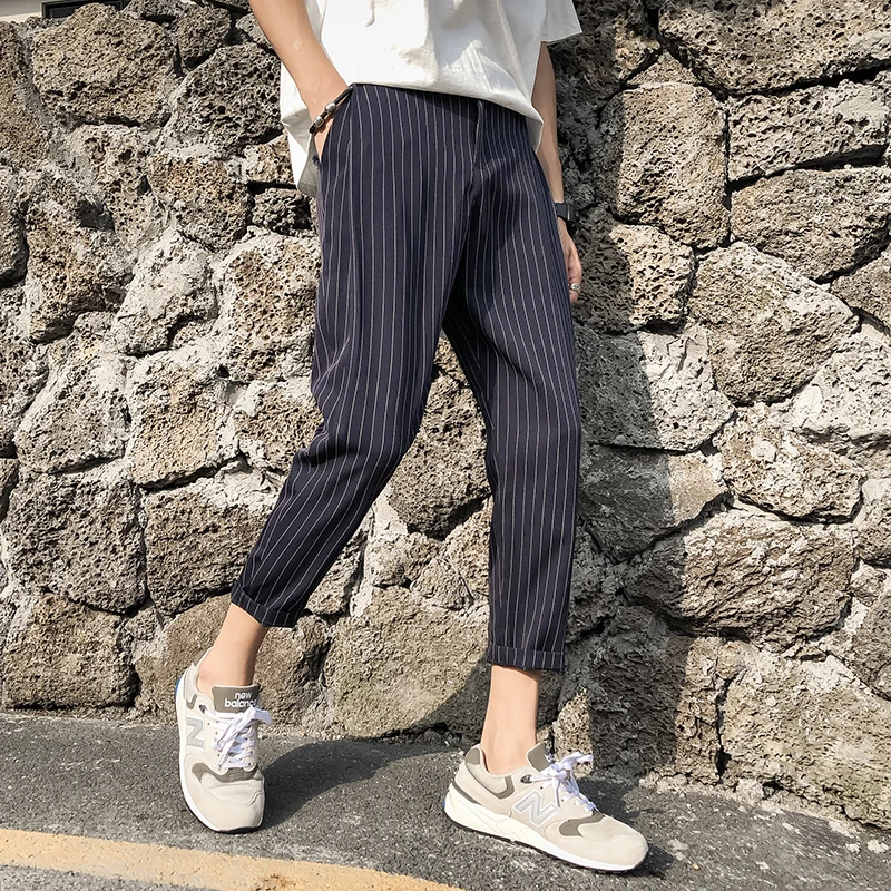 Мужские хлопковые Модные свободные шаровары в полоску черного/темно-синего цвета, повседневные штаны, шаровары в стиле хип-хоп, большие размеры M-5XL
