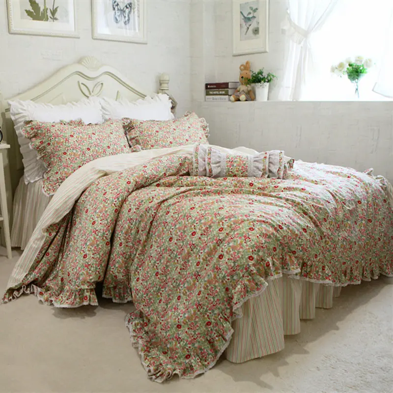 

New Rustic Printed Flower Bedding Set Lace Ruffle Duvet Cover Princess Bedspread Bed Skirt Beautiful Dobby Home Textile