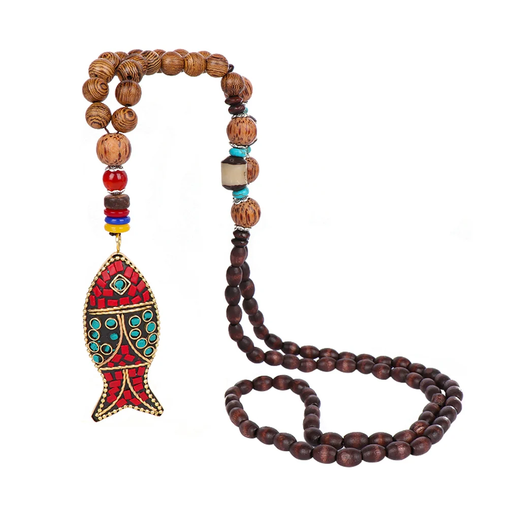Буддийские деревянные бусины Mala ожерелье ручной работы с рыбками этнические