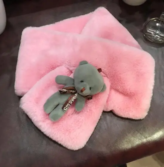 pink Осенне-зимний двухслойный шарф из искусственного меха для детей, утепленный теплый зимний шарф, милые для мальчиков и девочек, шарф с медвежонком, TB009 - Цвет: pink