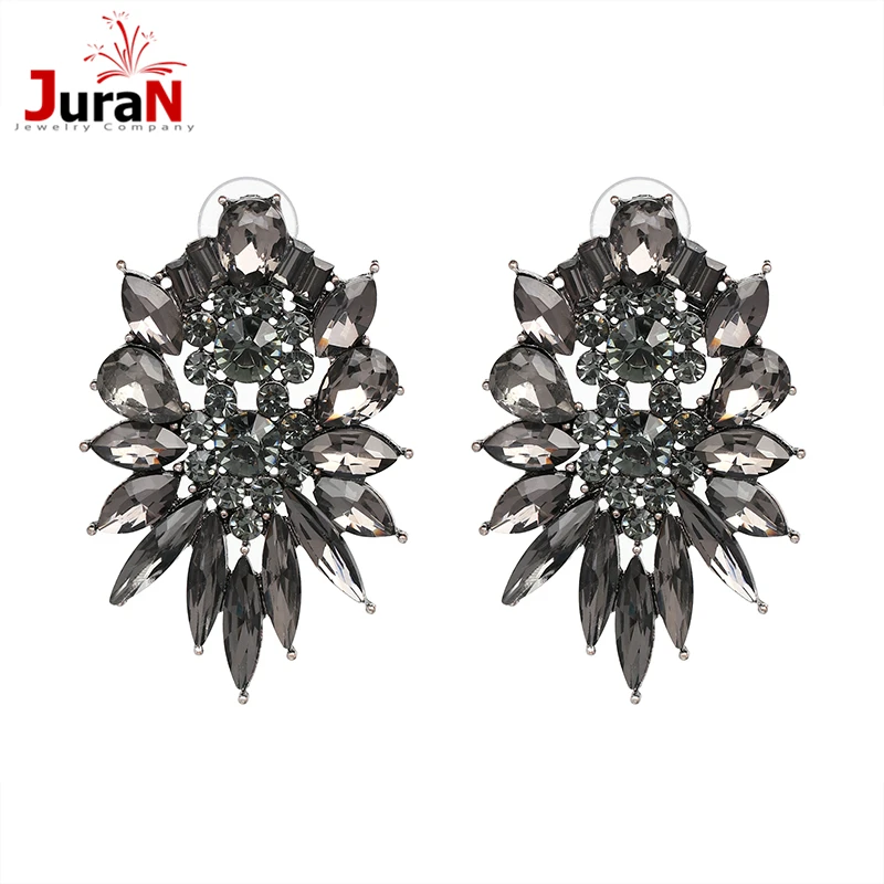 

JURAN Vintage Gray Rhinestone Big Stud Earrings Wedding Accessories 2019 Women Brand Crystal LEAVES Statement Earrings Brincos