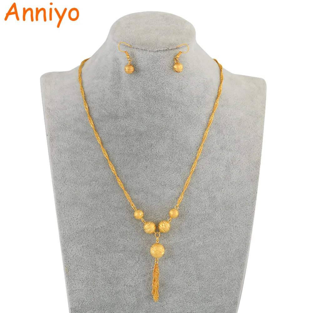 

Anniyo Bead Necklace Earrings set Jewelry Gold Color Round Ball Chain for Women,Africa/Arabia #053206