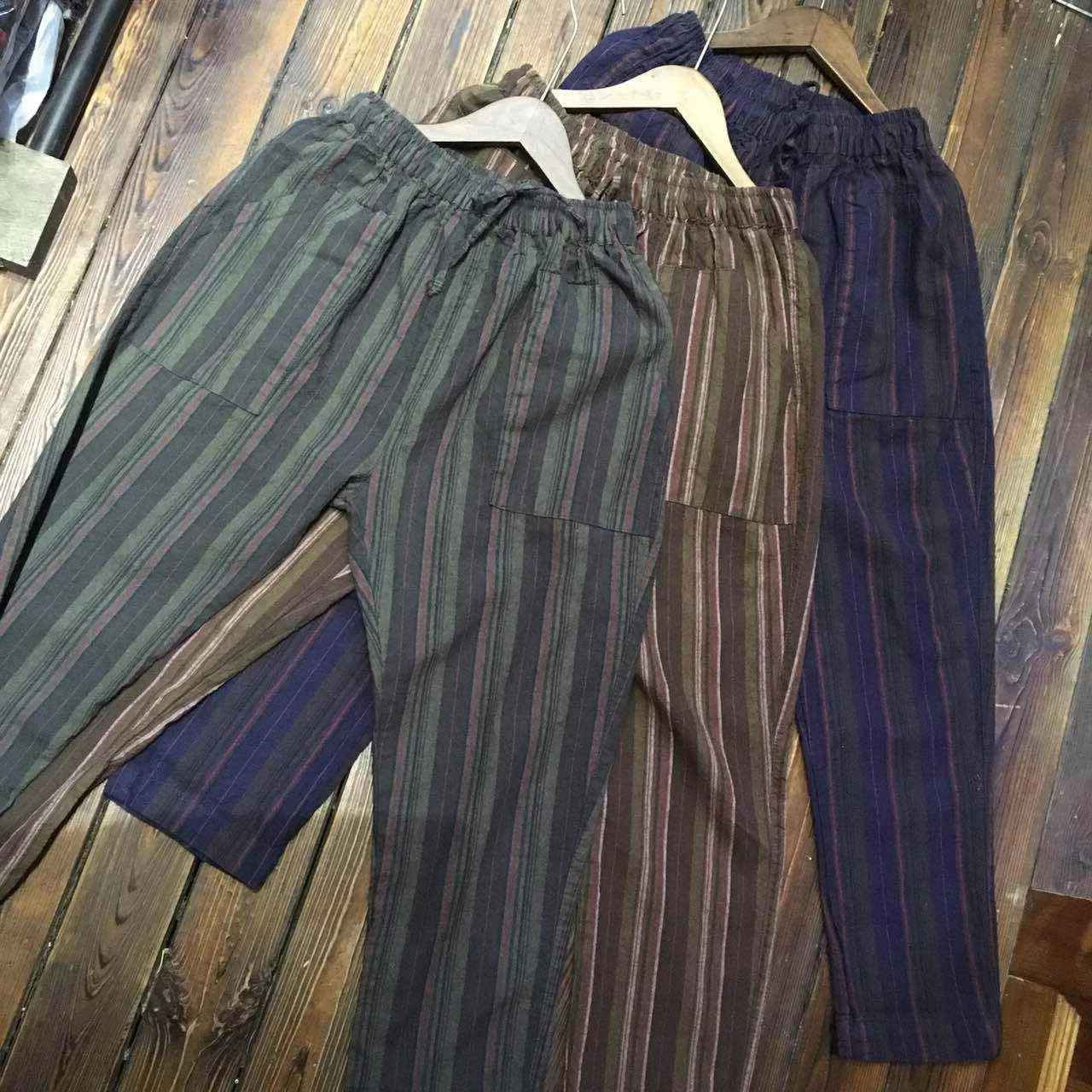 Женщины Stripes Брюки Эластичный Пояс Свободные Повседневные Дамы Полосатый Хлопок