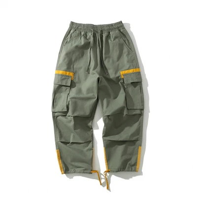 B009 green Новинка, мульти-карман, хип-хоп, уличная одежда, свободные, мужские, повседневные, Карго, шаровары, комбинезоны, эластичный пояс, шнурок, джоггеры, джинсы, брюки - Цвет: B009 green