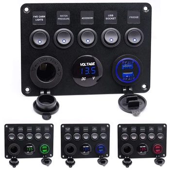 

SOONHUA Multi-Functions Panel Dual USB Socket Voltmeter 12V Panels Outlet 5 ON-OFF Switches Panels With Screws
