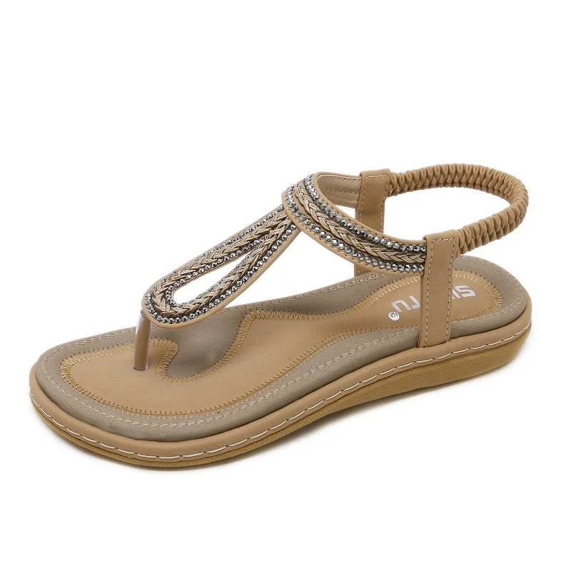 1233-7 khaki Summer Women Outdoor Sandals Flat With Shoes Bohemia Crystal Leisure Lady Sandals Comfortable Woven Shoes Flat With Flip Flops - Цвет: 1233-7 khaki