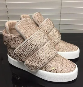 New Bling Bling Crystal Hook&Loop Flat Boots Black Gray Red Pink Tennis Shoes Fashion Rhinestone Rouned Toe Comfortable Sneaker