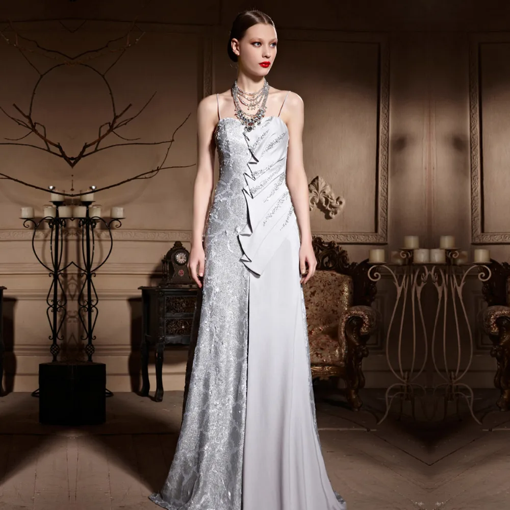 Элегантный Серебристо-Серый Вечернее Платье Спагетти-Ремни Блестки CONIEFOX 81980 De Festa