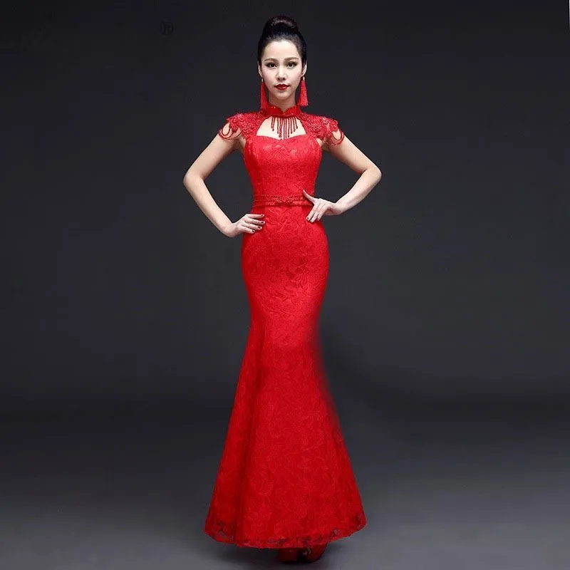 2019 новые летние красные спинки Cheongsam Длинные Русалка тонкий Qi Pao для женщин Китайский вечернее платье Chinoise Кружево Кисточкой Qipao