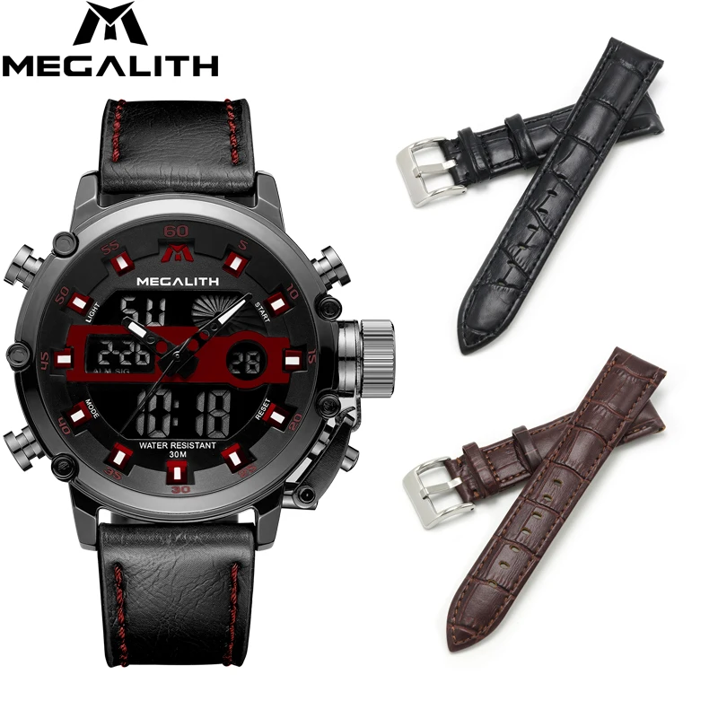 

MEGALITH Sport Chronograph Quartz Watch+Band Set Men Multifunction Dual Display Waterproof Date Luminous Wrist Men Watches Set