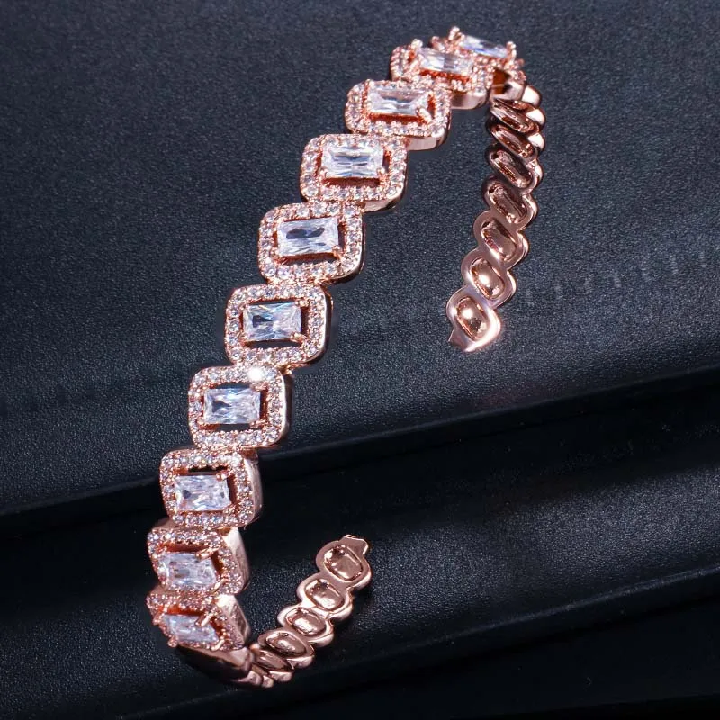 rose gold color Пера модные регулируемые Размеры ювелирные изделия Большой геометрический форма кубического циркония Роскошные бело-розовое золото Цвет браслет для влюбленных Z019 - Окраска металла: rose gold color