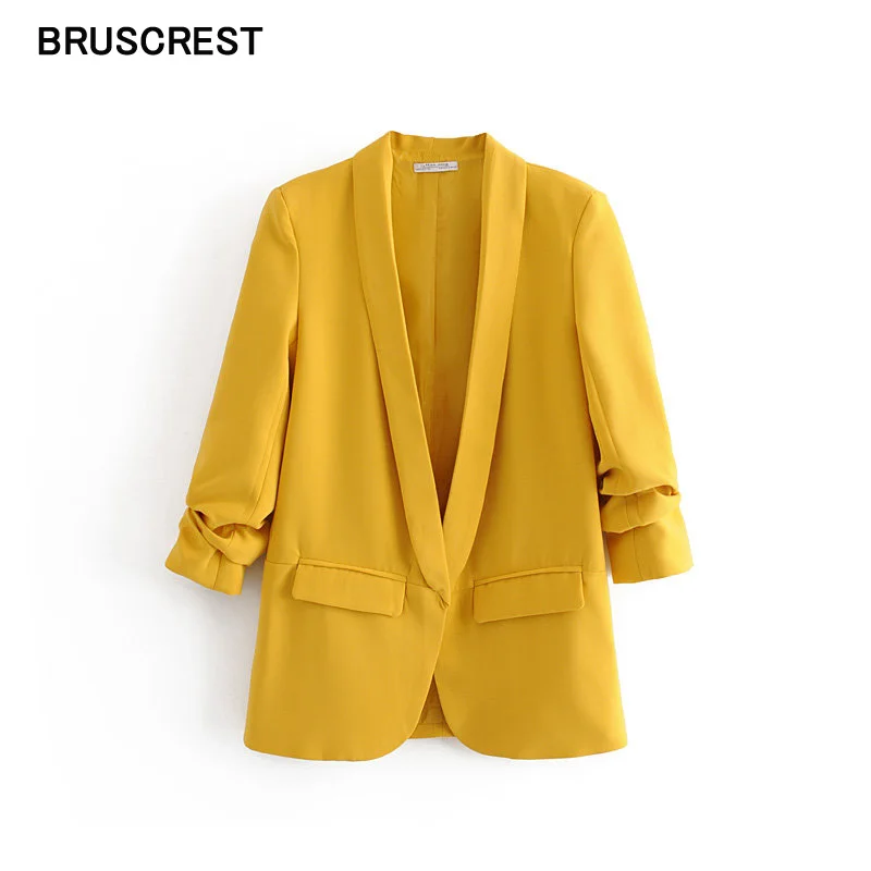 Женский винтажный пиджак с карманами желтый офисный Блейзер верхняя одежда для