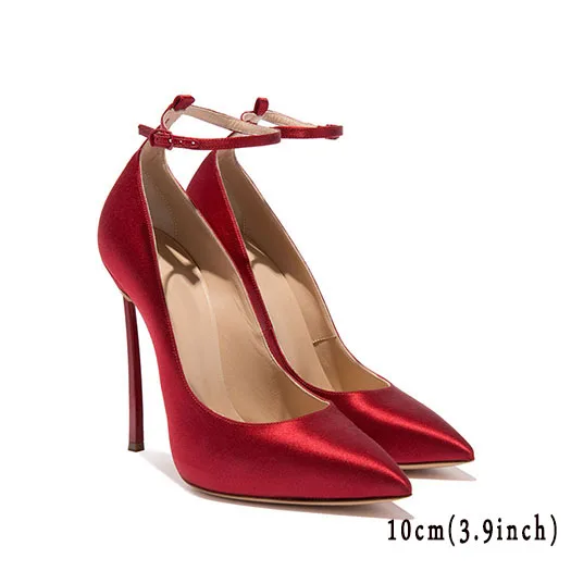 red 10cm Pumps Satin Extreme 12cm 5 Inch Big Size Super High Heels Ankle Strap 11 43 Pointed Toe 10 42 Dress Ladies Scarpin Shoes Fetish - Цвет: red 10cm