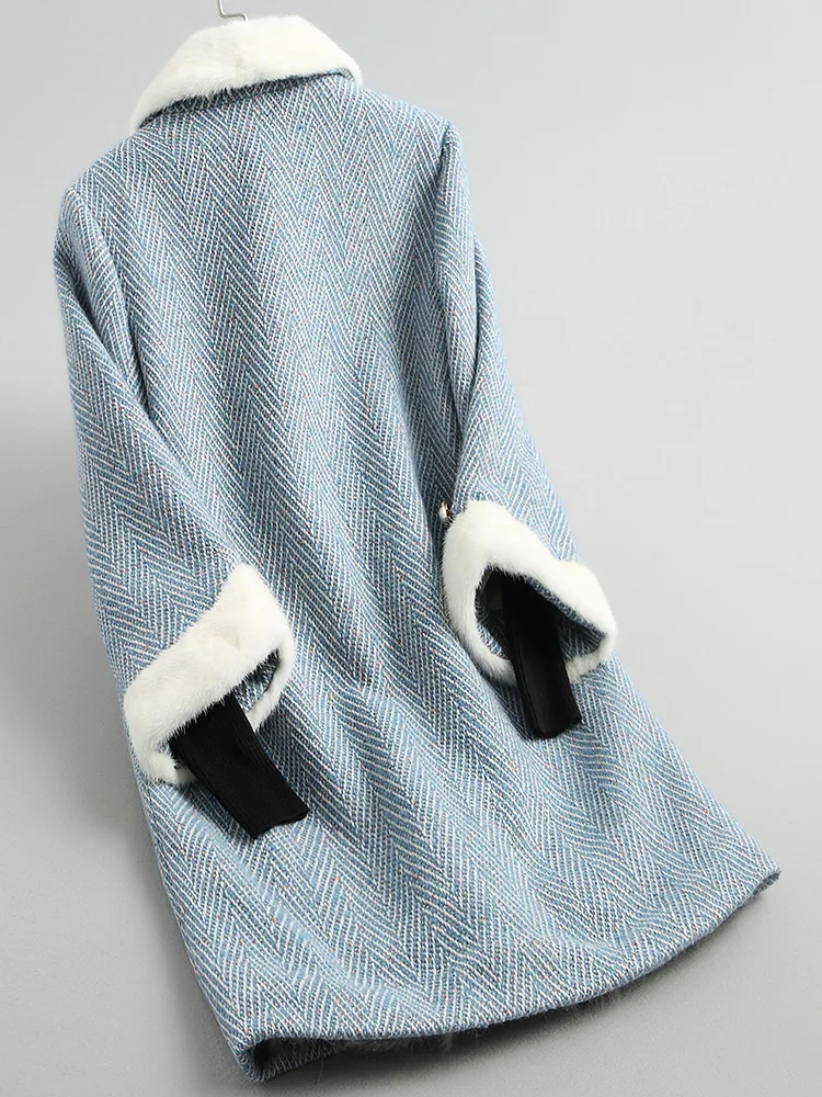 Женское твидовое пальто с меховой подкладкой из натурального меха ягненка и