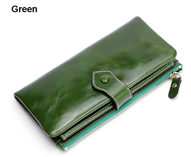 New Fashion Layer Cowhide Ladies Clutch Solid Color Genuine Leather Oil Wax Leather Retro Wallet Cow Leather Simple Long Wallet