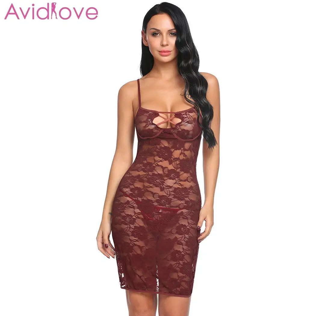 Avidlove, женское сексуальное нижнее белье, сексуальное нижнее белье, прозрачное, Babydoll, эротические костюмы, прозрачные, кружевные, цветочные, комплект, платье - Цвет: dark red