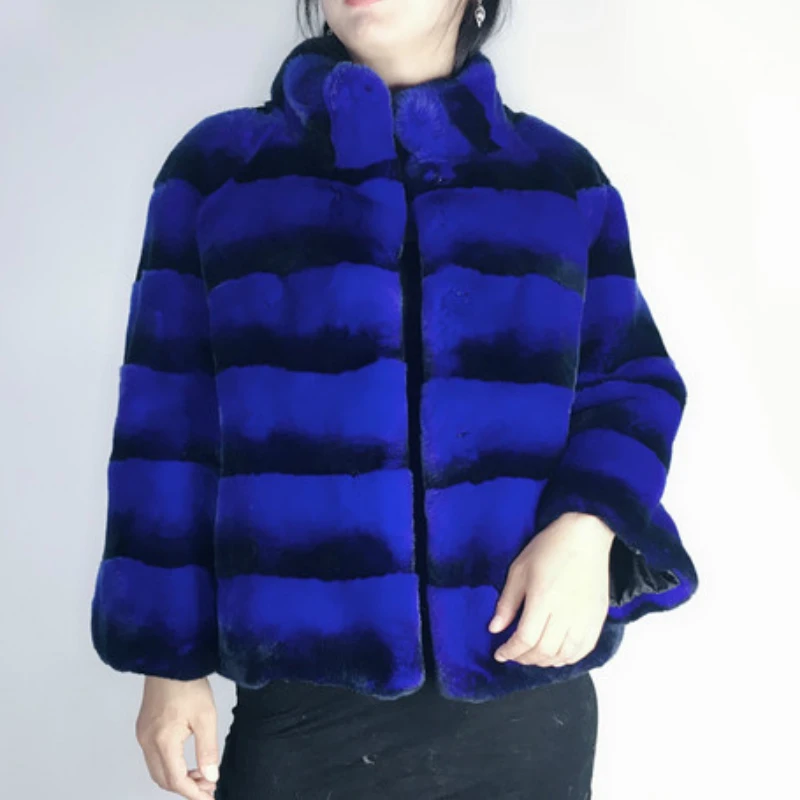 blue 55cm OFTBUY, зимняя куртка для женщин, пальто из натурального меха кролика Рекс, верхняя одежда, брендовая, роскошная, толстая, теплая, уличная одежда, воротник-стойка - Цвет: blue 55cm