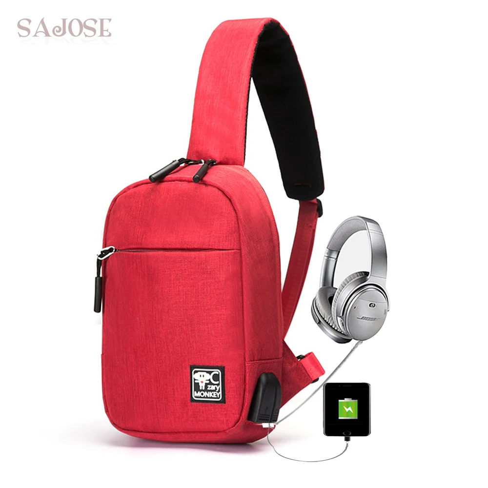 

Crossbody Bags for Women Messenger Unisex Chest Bag Girl Fashion Casual Canvas USB Charging Headphone Shoulder School Bag SAJOSE
