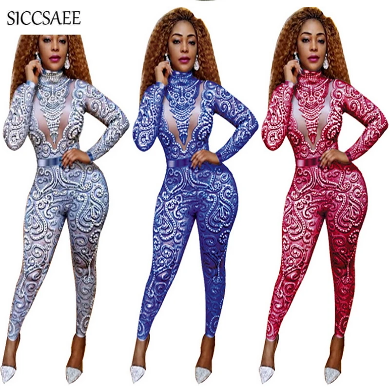 

Floral Print Bandage Jumpsuits For Women 2019 Long Sleeve Plus Size Clothing XXXL Bodycon Bodysuit Sexy Club Rompers Turtleneck